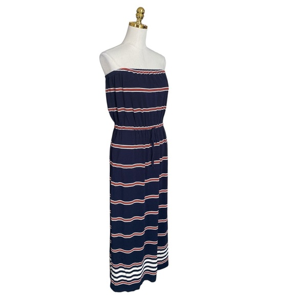 J CREW Navy Striped Strapless Stretch Jersey Summer Maxi Dress Women’s Sz Medium - Picture 4 of 9